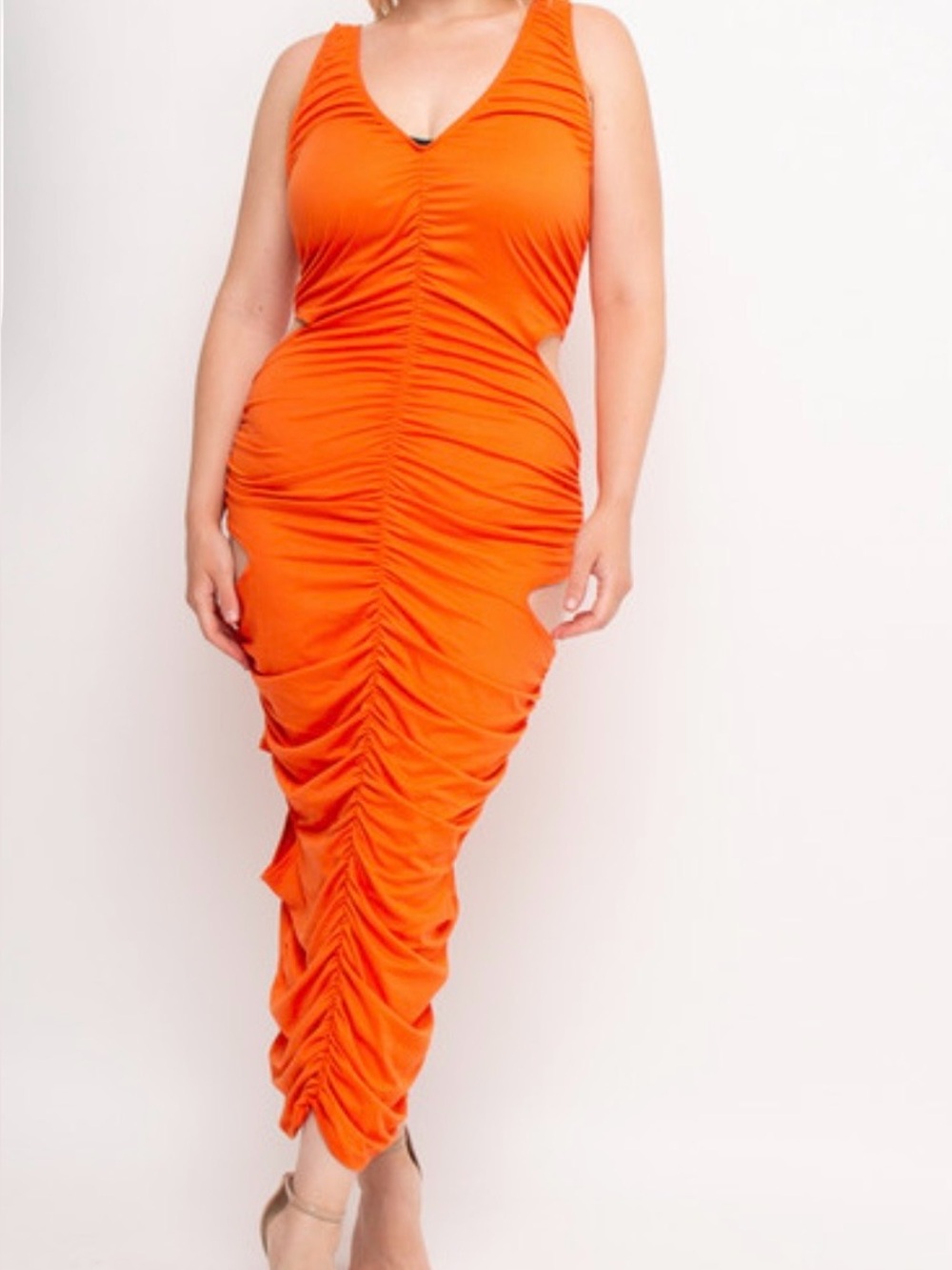 Fashion Nova Neon Lime and Bright Orange Ruched Midi Dress
